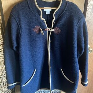Christopher & Banks Navy Wool Cardigan with Beige Trim